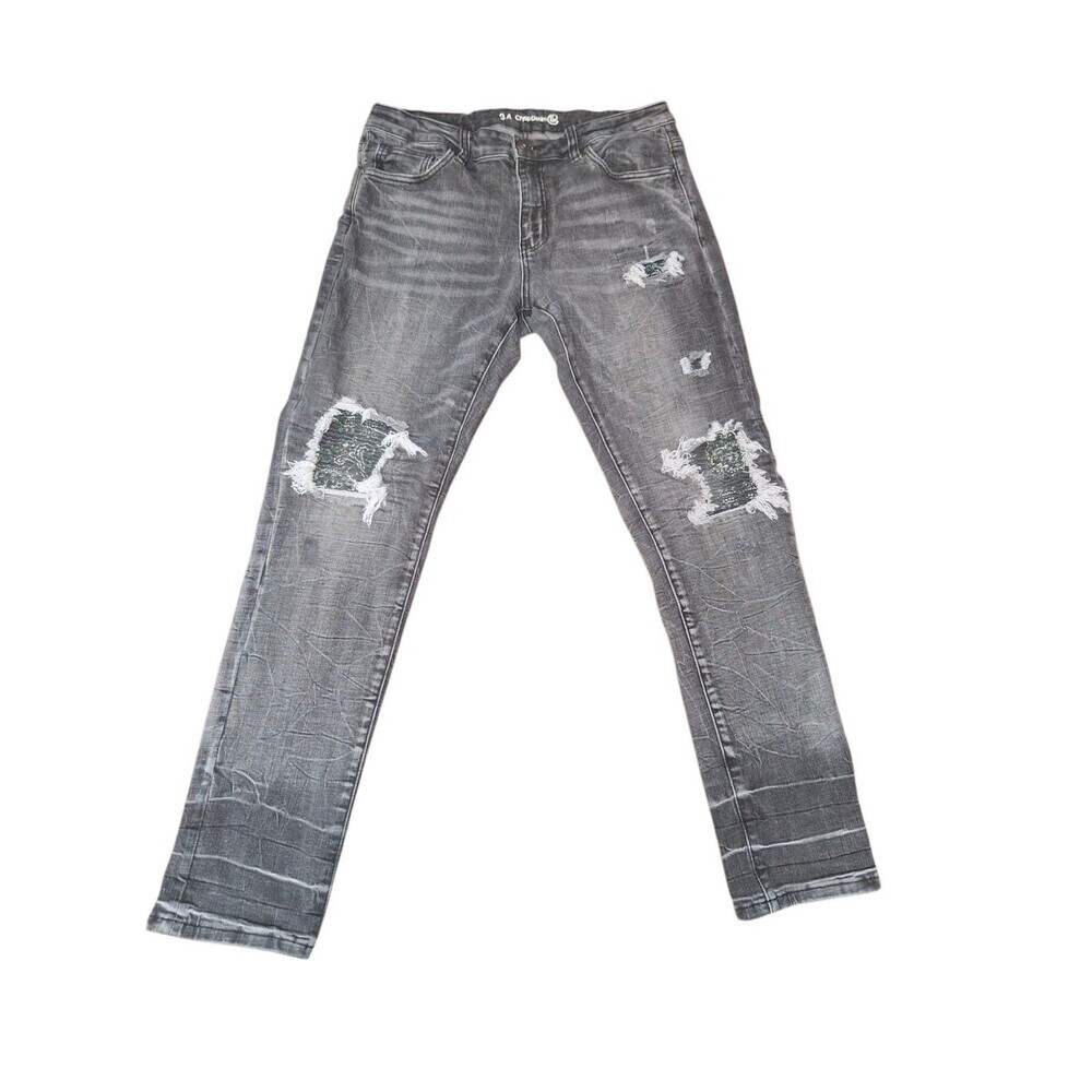 Crysp Denim Mens‎ Ripped Denim Jeans sz 34X32" Grey Moto Distressed
